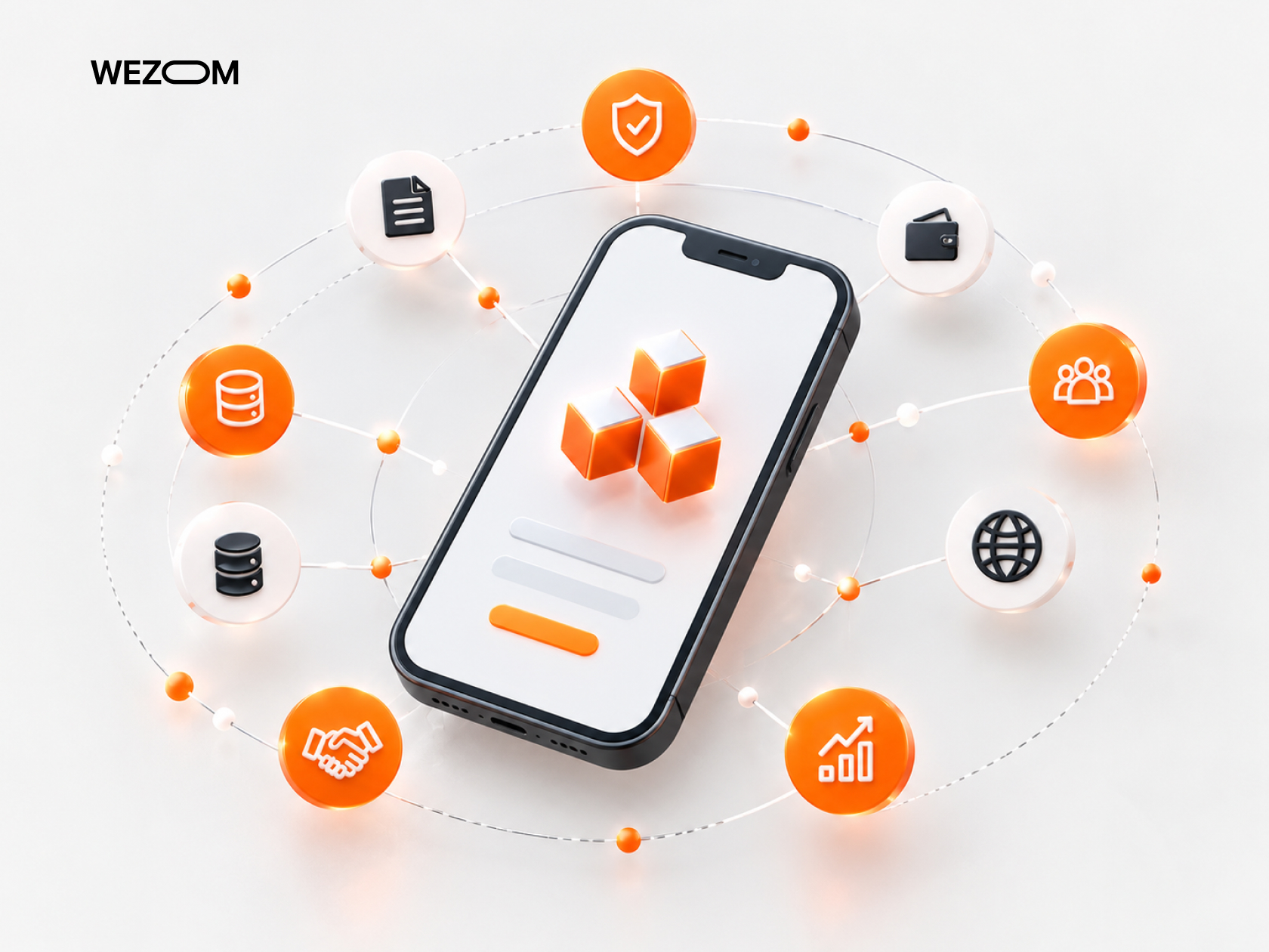 Blockchain for payment processing with a mobile app connected to security, digital wallets, databases, and global networks